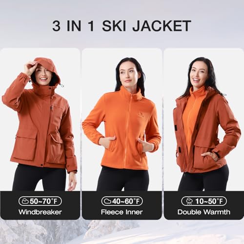 CAMEL CROWN Women's Ski Jacket 3 in 1 Winter Jacket Waterproof Jacket Windbreaker Snow Coat with Inner Warm Fleece Coat for Hiking Cycling Travel - Image 2