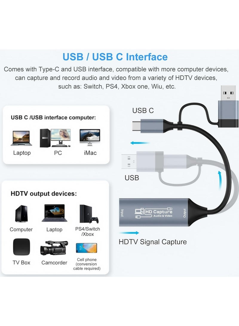 إكس ليفيل بطاقة التقاط الفيديو HDMI 2 في 1 نوع C + USB A محول بطاقة التقاط HDMI إلى USB C ، 1080P@60Hz لـ NS X-box Screen Extender Gaming Live Streaming Video Recorder على Tiktok Youtube ، لـ Windows MacOS - Image 2
