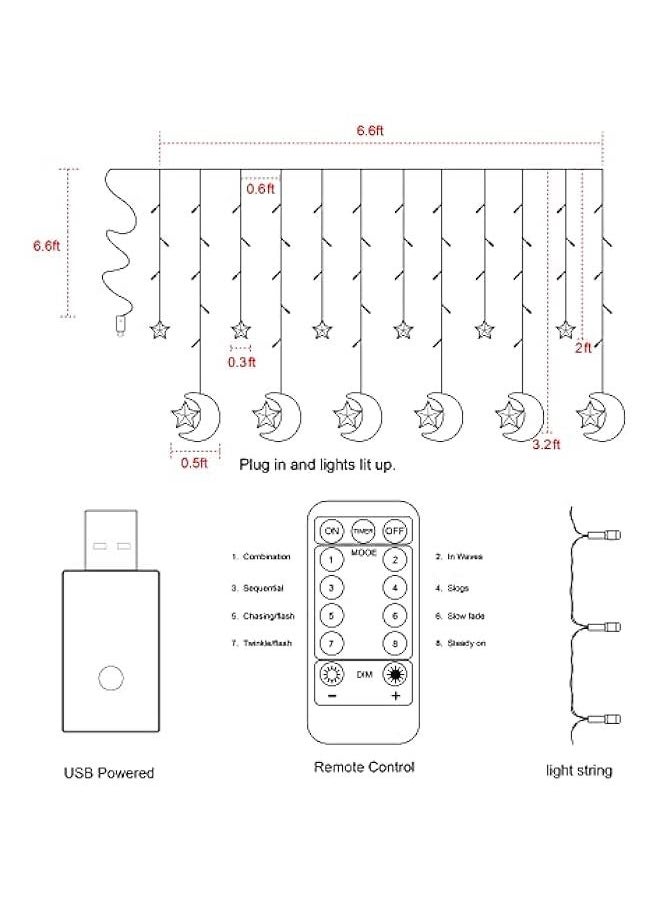 Arabest 138 LED Star Moon Curtain Decorative Lights with Remote Control & USB Plug, 8 Lighting Modes for Home Holiday Ramadan  Wedding Party, Warm White.  - Image 3