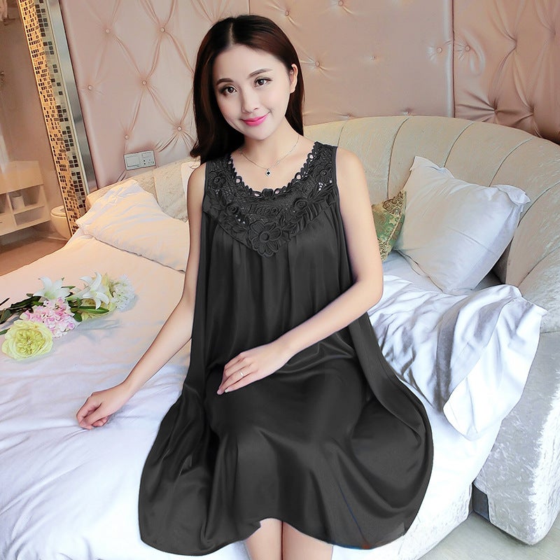 Summer Plus Size Ice Silk Sleepwear Womens Slip Dress 324# Black - Image 1