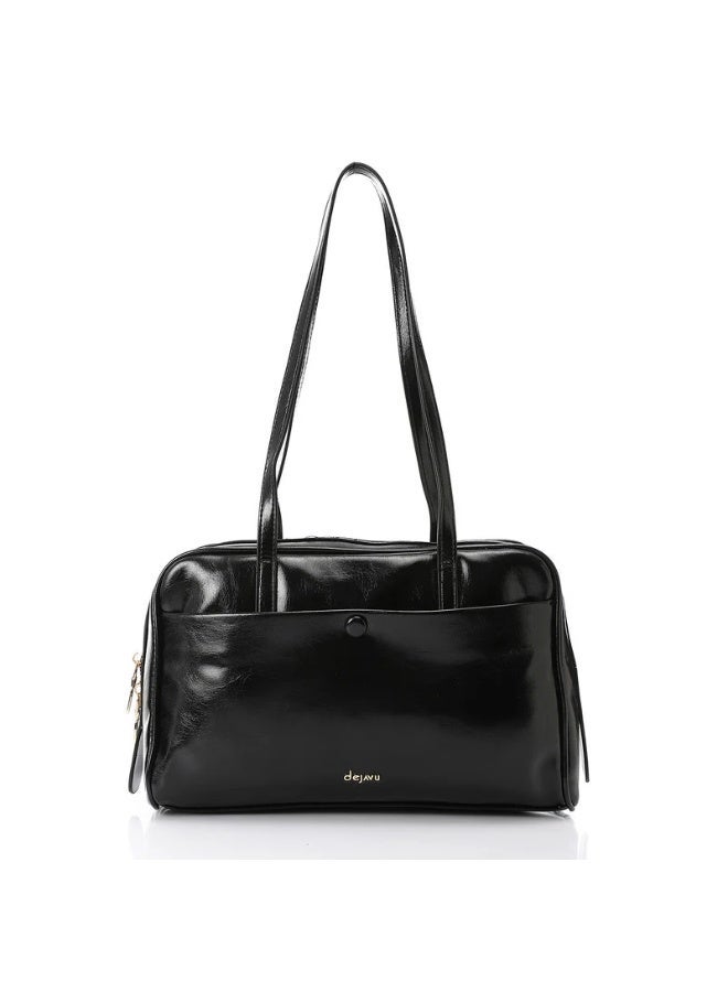 DejaVu Shinny Bowler One Main Compartment With Zipper Closure Black Handbag - Image 1
