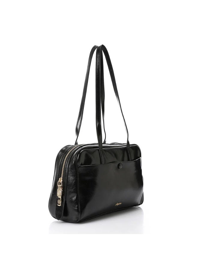 DejaVu Shinny Bowler One Main Compartment With Zipper Closure Black Handbag - Image 2