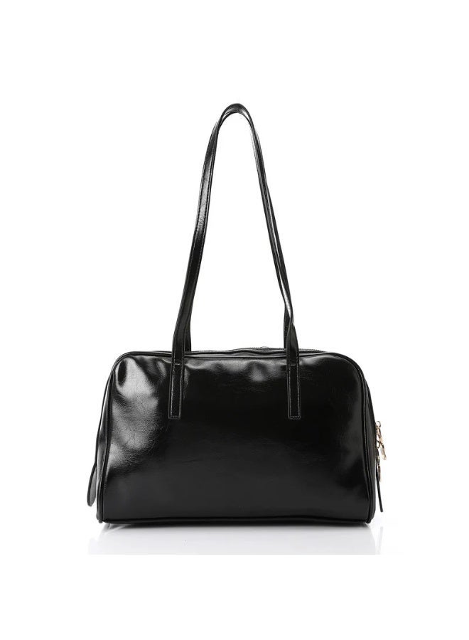 DejaVu Shinny Bowler One Main Compartment With Zipper Closure Black Handbag - Image 3