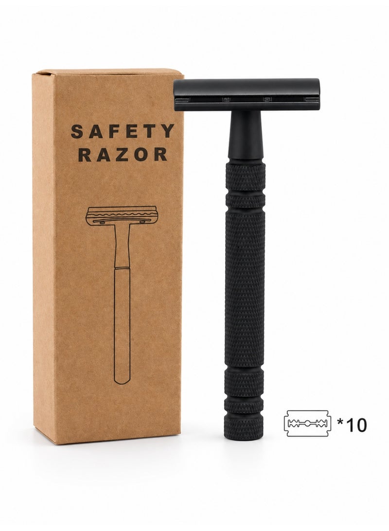 Double Edge Safety Razor, Closed Comb Non-Slip Handle Reusable Safety Razor for Women & Men with 10pc Blades Personal beard care shaver set beauty tools-Matte Black - Image 1
