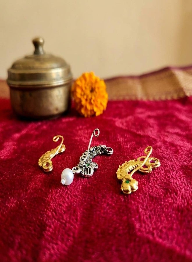 طقم حلقات الأنف التقليدية الذهبية والمؤكسدة من AAIKU، طقم ناث ماهاراشتري للفتيات والسيدات (مجموعة - NP1976-Des1-3 وNP1668-Des2) - Image 5