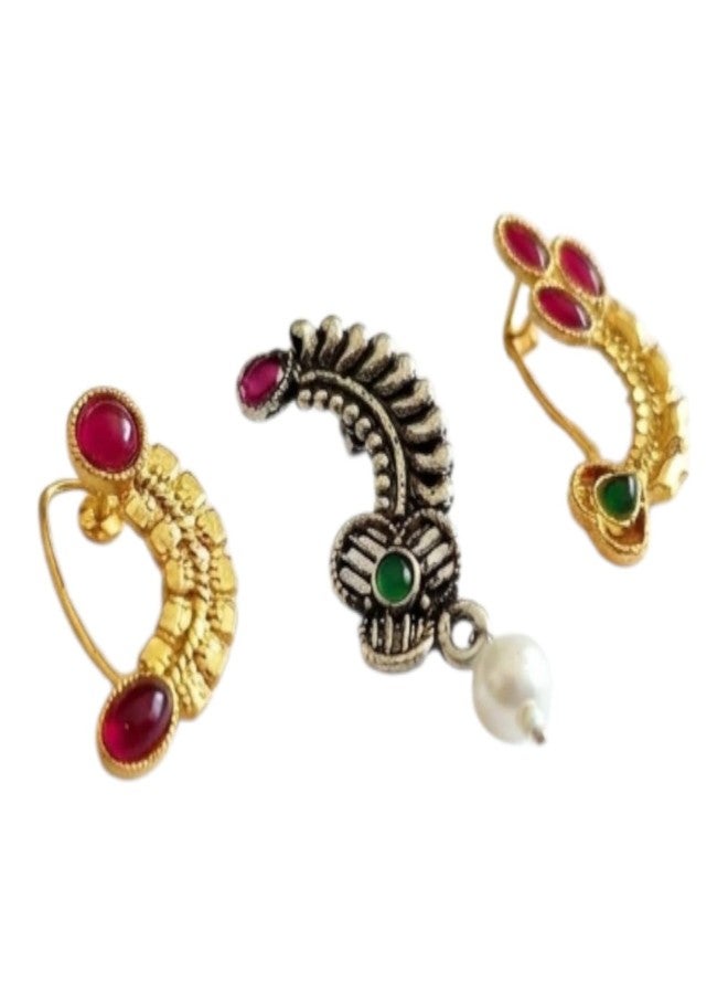 طقم حلقات الأنف التقليدية الذهبية والمؤكسدة من AAIKU، طقم ناث ماهاراشتري للفتيات والسيدات (مجموعة - NP1976-Des1-3 وNP1668-Des2) - Image 1