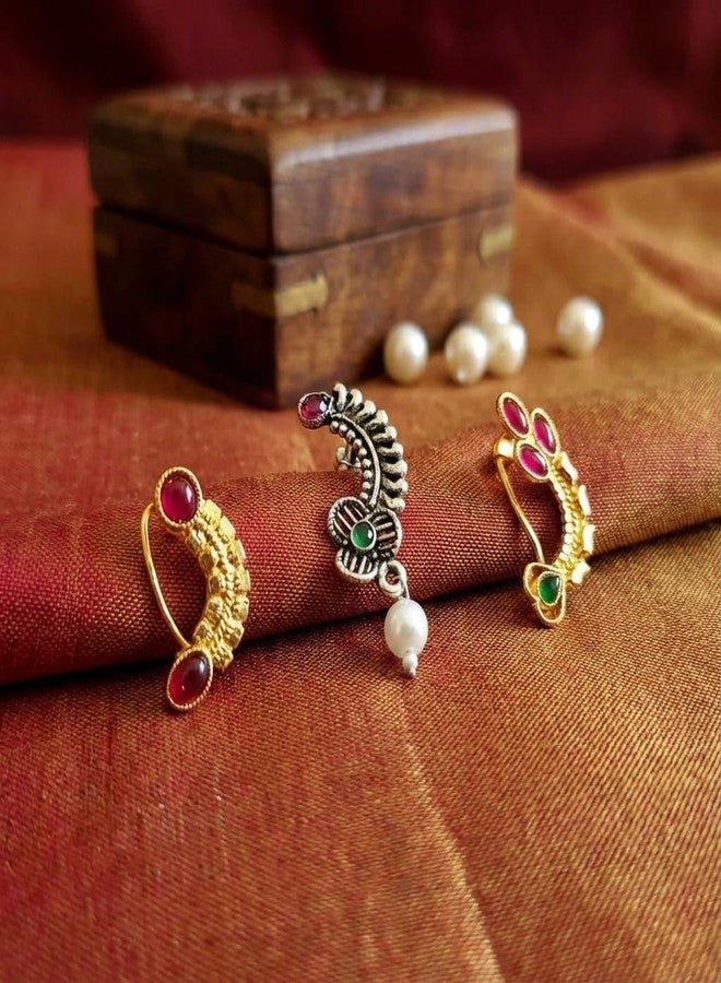 طقم حلقات الأنف التقليدية الذهبية والمؤكسدة من AAIKU، طقم ناث ماهاراشتري للفتيات والسيدات (مجموعة - NP1976-Des1-3 وNP1668-Des2) - Image 4