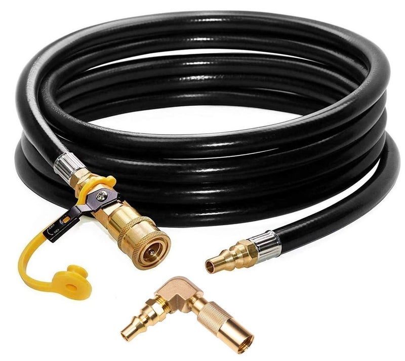 DOZYANT 12ft RV Propane Quick Connect Hose with Elbow Conversion Fitting for Blackstone 17inch and 22inch Table Top Griddle 14 inch Safety Shutoff Valve Male Full Flow Plug
