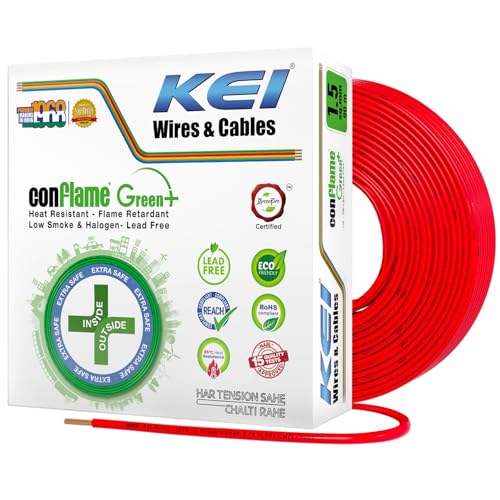 KEI CONFLAME GREEN PLUS 1.5 sqmm 1 Core Copper Heat Resistant Flame Retardant Low Smoke & Halogen - Lead Free House Wire for Domestic & Industrial Electrical Wiring (Red, 90 Meters) - Image 1