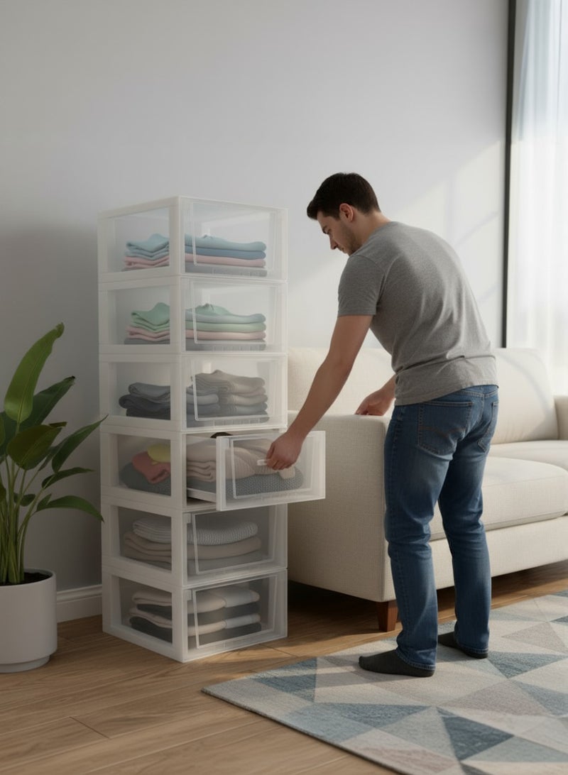 Concept home Chest of 6 Drawers Plastic, Easy to Install, High Quality, Big Size 42x84x34 cm, White/Clear - Image 1