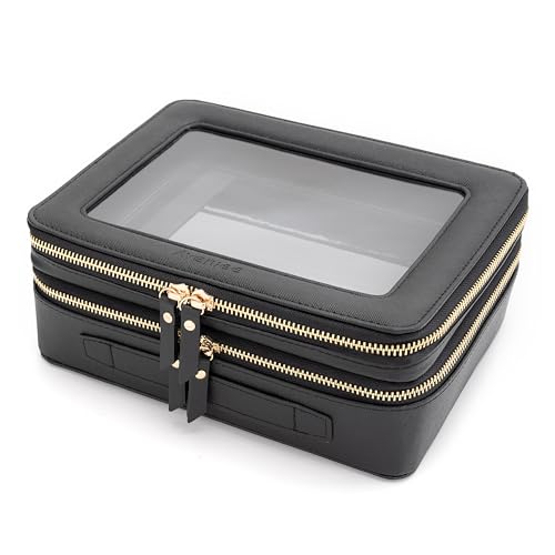 Aveniee XL Clear Makeup Organizer,Double Layer Travel Cosmetic Case with Brush Holder & Zippered Compartments,Big Toiletry Bag for Travel Accessories,2 Layers Large,Black - Image 1