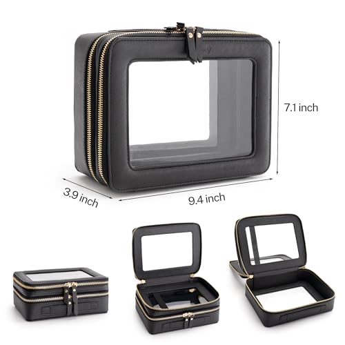 Aveniee XL Clear Makeup Organizer,Double Layer Travel Cosmetic Case with Brush Holder & Zippered Compartments,Big Toiletry Bag for Travel Accessories,2 Layers Large,Black - Image 2