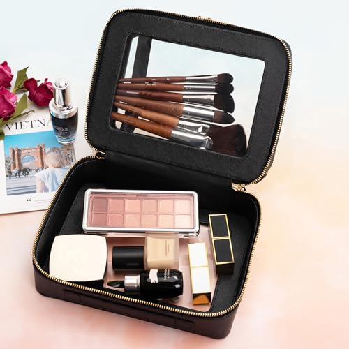Aveniee XL Clear Makeup Organizer,Double Layer Travel Cosmetic Case with Brush Holder & Zippered Compartments,Big Toiletry Bag for Travel Accessories,2 Layers Large,Black - Image 3