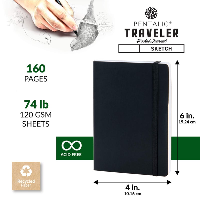 Pentalic 4" x 6" Pocket Sketchbook Traveler Journal, 160 Pages, Black - Image 3