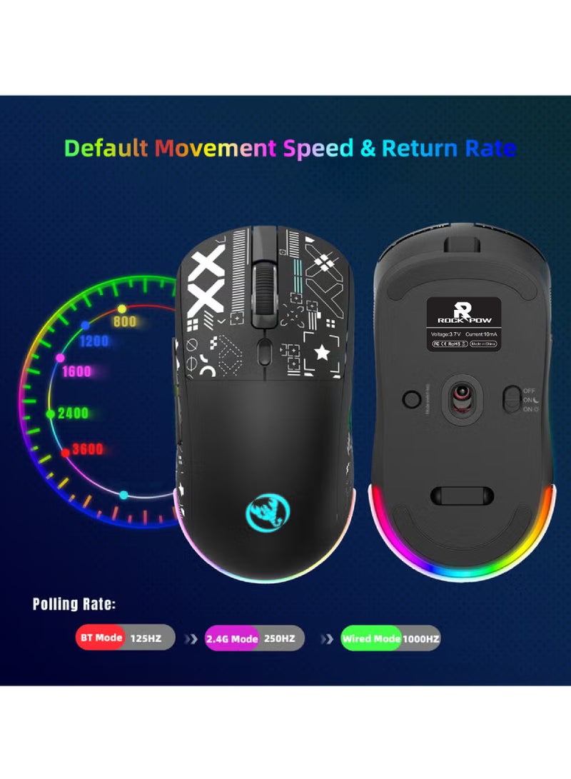 Rock Pow Gaming Mouse, Wired/Wireless/Bluetooth Tri Modes, Wireless Mouse for Laptop, Portable Type C Charging 5 Level DPI Mouse with 12 RGB Lighting Modes - Image 3