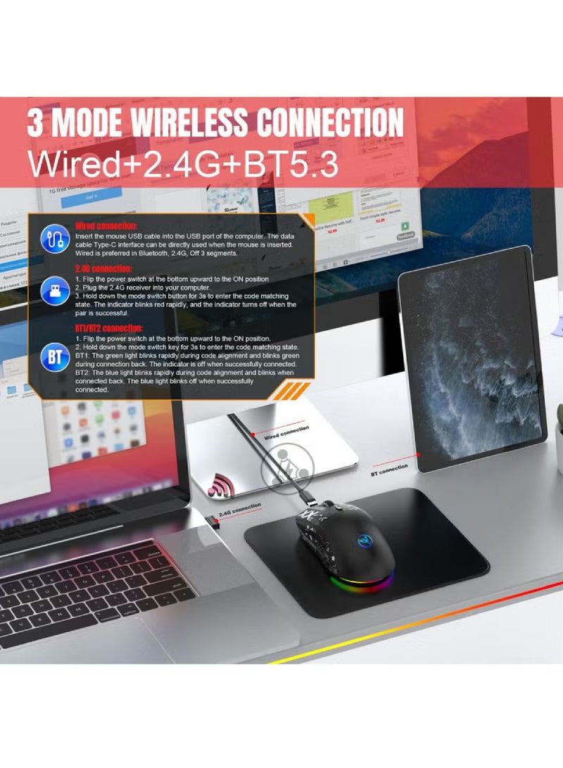 Rock Pow Gaming Mouse, Wired/Wireless/Bluetooth Tri Modes, Wireless Mouse for Laptop, Portable Type C Charging 5 Level DPI Mouse with 12 RGB Lighting Modes - Image 5