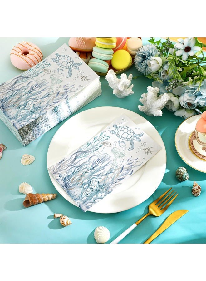 Moinchore 200 Pcs Coastal Turtle Bathroom Paper Guest Towel 2 Ply Summer Guest Napkins Blue Bathroom Paper Hand Towels Jellyfish Dinner Napkins Nautical Napkins for Wedding Baby Shower Holiday Party - Image 3