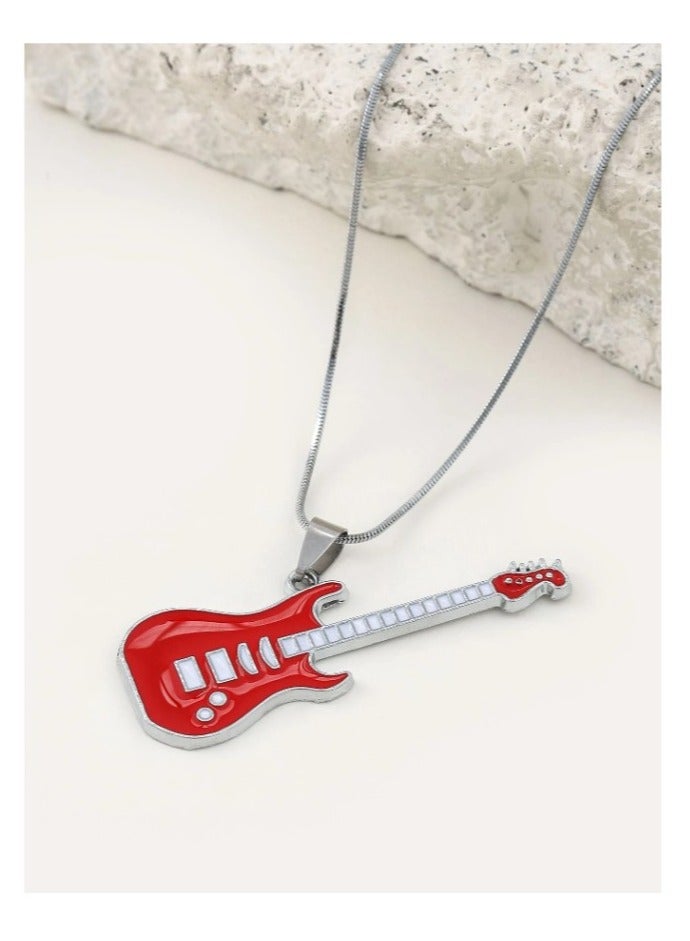 MARIO DRAFTS Stainless Steel Electric Guitar Pendant Necklace with Chain for Men's, Silver - Image 1