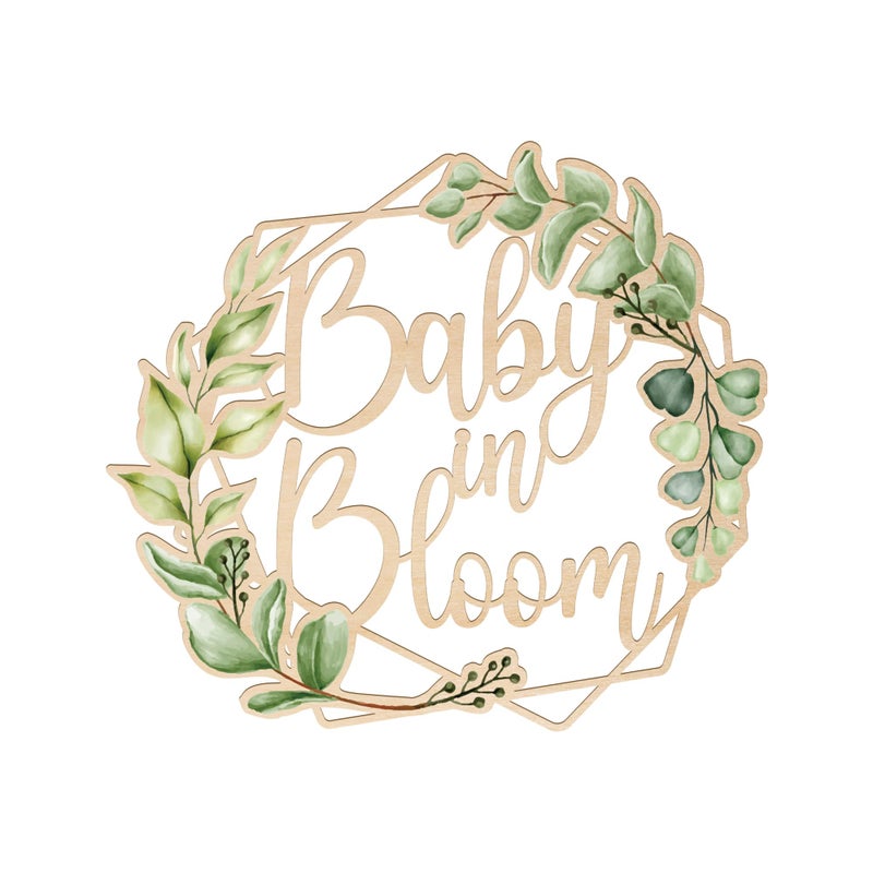 Party to Be Baby in Bloom Wooden Sign Baby Shower Gender Reveal Party Backdrop Decorations Printed with Green Leaves - Image 1