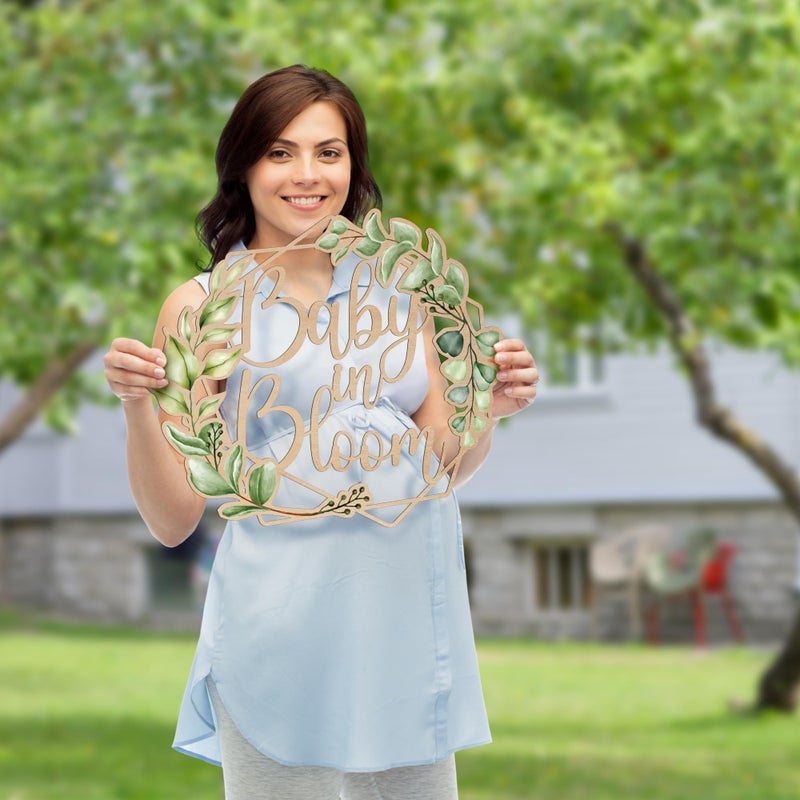 Party to Be Baby in Bloom Wooden Sign Baby Shower Gender Reveal Party Backdrop Decorations Printed with Green Leaves - Image 2