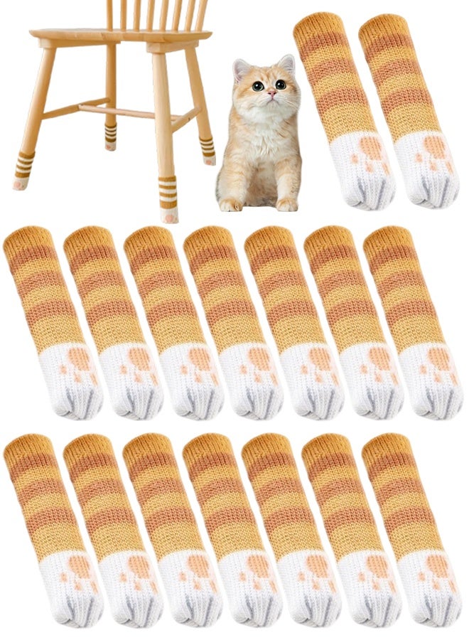 16 Pcs Cute Cat Paw Furniture Leg Protector Socks, Anti-Scratch Noise Reduction Chair Leg Covers for Hardwood Floors, Universal Fit Square and Round Legs, 4 Sets for Home and Office Use, Yellow Stripe - Image 1