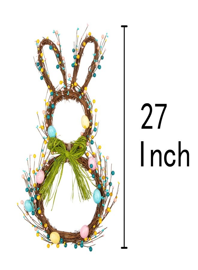 VGIA 27 Inch Artificial Easter Wreath for Front Door Rabbit Wreath with Pastel Eggs and Mixed Twigs Spring Bunny with Raffia Bow for Easter Decorations - Image 2
