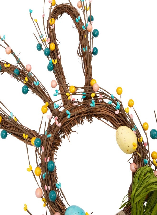 VGIA 27 Inch Artificial Easter Wreath for Front Door Rabbit Wreath with Pastel Eggs and Mixed Twigs Spring Bunny with Raffia Bow for Easter Decorations - Image 3