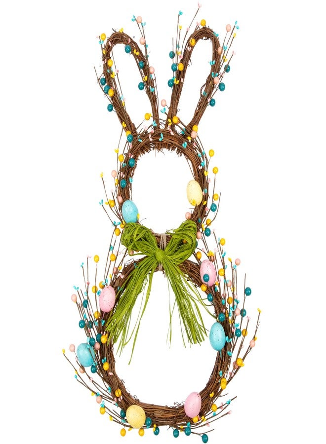 VGIA 27 Inch Artificial Easter Wreath for Front Door Rabbit Wreath with Pastel Eggs and Mixed Twigs Spring Bunny with Raffia Bow for Easter Decorations - Image 1