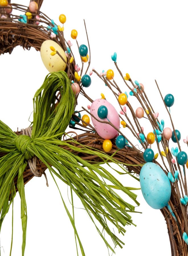 VGIA 27 Inch Artificial Easter Wreath for Front Door Rabbit Wreath with Pastel Eggs and Mixed Twigs Spring Bunny with Raffia Bow for Easter Decorations - Image 4