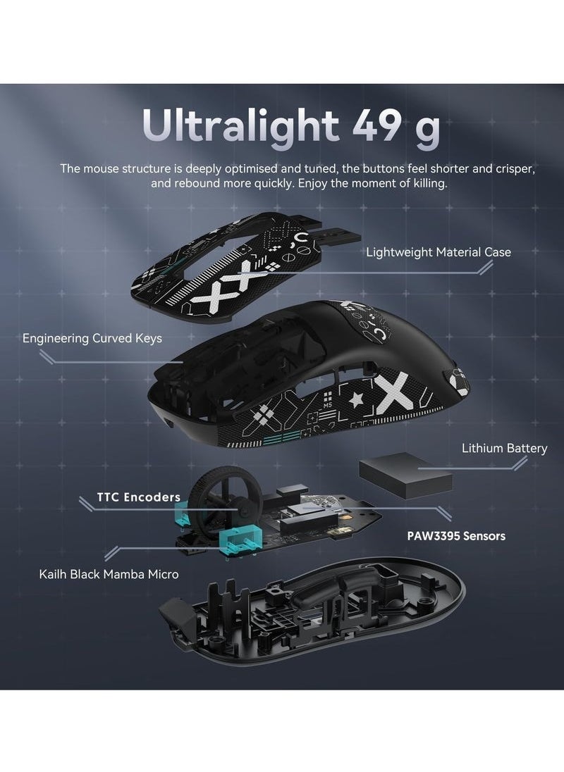 X3 Wireless Gaming Mouse, 49g Ultralight, PixArt PAW3395 26000 DPI, Bluetooth/2.4Ghz /Wired Tri-Mode, 200Hrs Rechargeable Battery, Kailh GM8.0 Switch for MAC/Win - Black&Tape