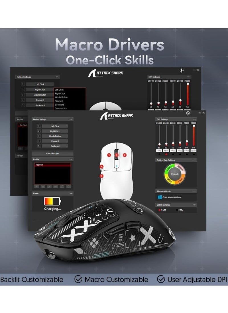 X3 Wireless Gaming Mouse, 49g Ultralight, PixArt PAW3395 26000 DPI, Bluetooth/2.4Ghz /Wired Tri-Mode, 200Hrs Rechargeable Battery, Kailh GM8.0 Switch for MAC/Win - Black&Tape