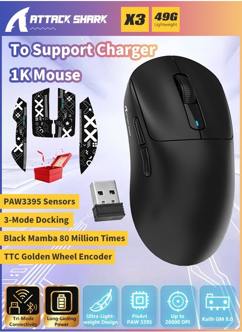 X3 Wireless Gaming Mouse, 49g Ultralight, PixArt PAW3395 26000 DPI, Bluetooth/2.4Ghz /Wired Tri-Mode, 200Hrs Rechargeable Battery, Kailh GM8.0 Switch for MAC/Win - Black&Tape