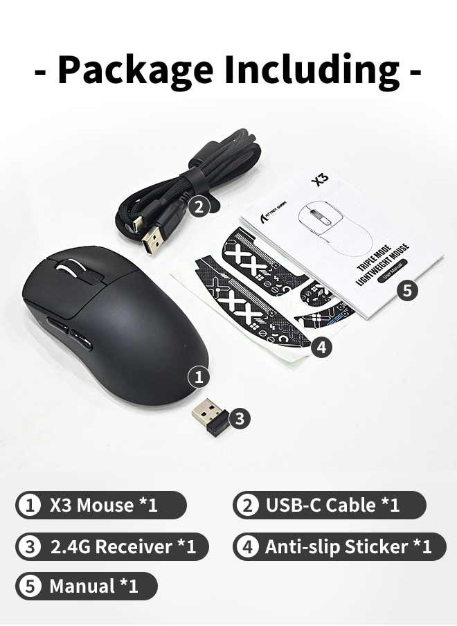 X3 Wireless Gaming Mouse, 49g Ultralight, PixArt PAW3395 26000 DPI, Bluetooth/2.4Ghz /Wired Tri-Mode, 200Hrs Rechargeable Battery, Kailh GM8.0 Switch for MAC/Win - Black&Tape