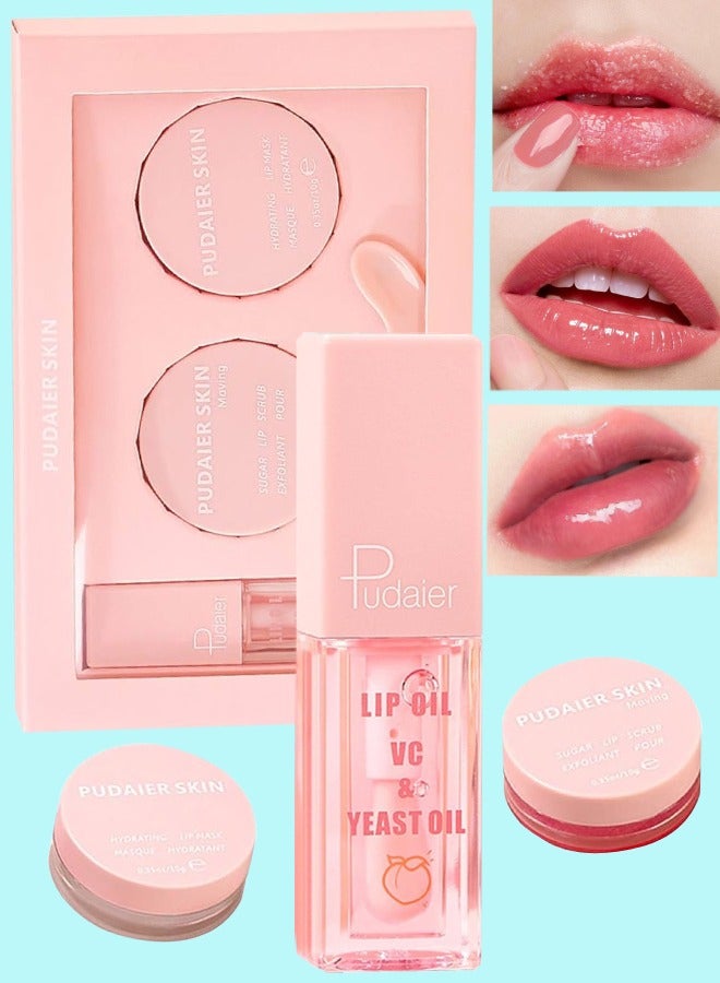 pudaier 3 in 1 Lip Care Lip Set Sugar Lip Scrub Lip Mask and Lip Glow Oil Exfoliant Hydrating Moisturizing Plumping Lip Glow Lip Care Set Peach Lip Gloss with Vitamin C Lip Plumper Gloss - Image 1