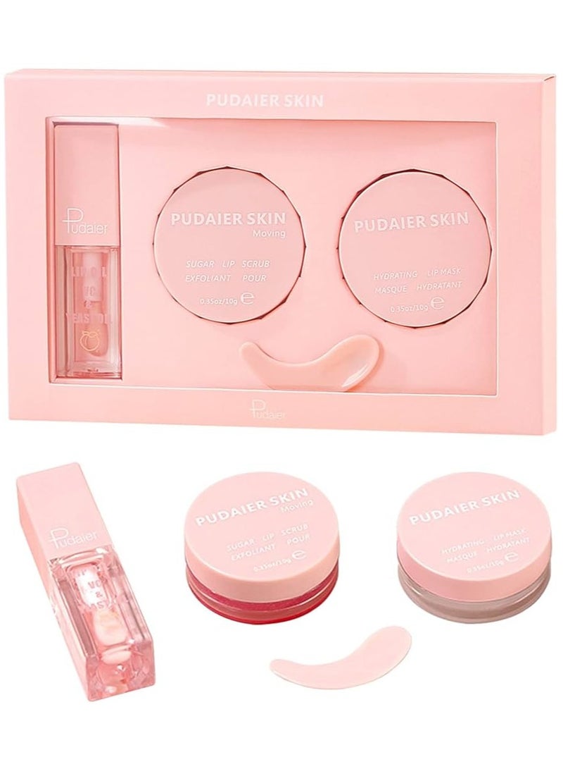 pudaier 3 in 1 Lip Care Lip Set Sugar Lip Scrub Lip Mask and Lip Glow Oil Exfoliant Hydrating Moisturizing Plumping Lip Glow Lip Care Set Peach Lip Gloss with Vitamin C Lip Plumper Gloss - Image 2