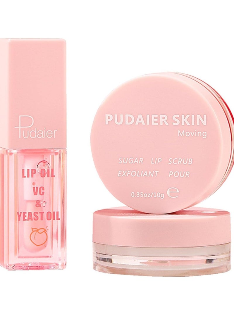 pudaier 3 in 1 Lip Care Lip Set Sugar Lip Scrub Lip Mask and Lip Glow Oil Exfoliant Hydrating Moisturizing Plumping Lip Glow Lip Care Set Peach Lip Gloss with Vitamin C Lip Plumper Gloss - Image 3