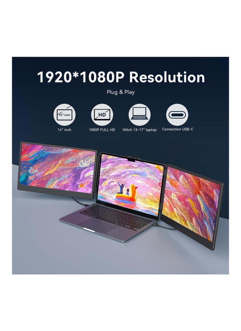 V2COM - 14’’ Triple Laptop Screen Extender, 1080P FHD Portable Dual Monitor for Laptop USB C HDMI, Plug-play Monitor Extender for Mac/Windows, Fit 13”-17.3” Laptops - Image 1