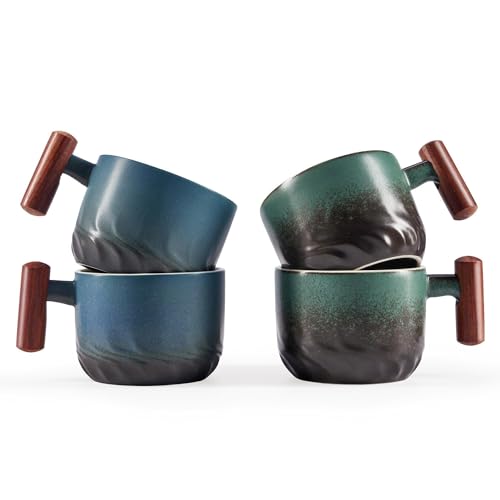 CLASGLAZ 6oz Ceramic Espresso Cups with Wooden Handle, Small Coffee Cups for Latte Cappuccino, Tea Cups Set of 4 - Image 1