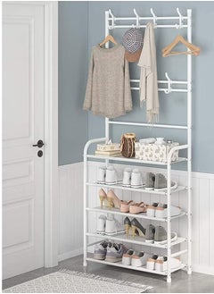 EXCLIFE Shoe Rack Stand Entryway Hall Tree 5-Tier Shoe Storage Organizer Shelf with 8 Hanger Hooks for Clothes Hat Scarf Umbrella Bag Hanging  - Image 1