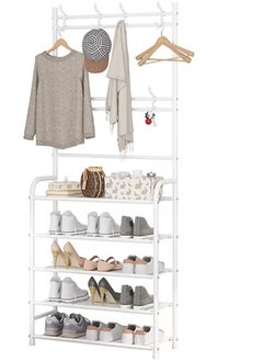EXCLIFE Shoe Rack Stand Entryway Hall Tree 5-Tier Shoe Storage Organizer Shelf with 8 Hanger Hooks for Clothes Hat Scarf Umbrella Bag Hanging  - Image 4