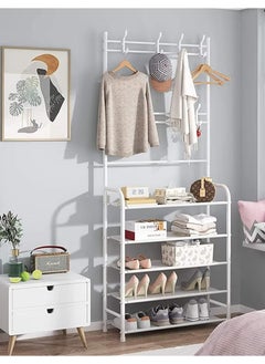 EXCLIFE Shoe Rack Stand Entryway Hall Tree 5-Tier Shoe Storage Organizer Shelf with 8 Hanger Hooks for Clothes Hat Scarf Umbrella Bag Hanging  - Image 2