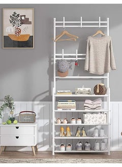 EXCLIFE Shoe Rack Stand Entryway Hall Tree 5-Tier Shoe Storage Organizer Shelf with 8 Hanger Hooks for Clothes Hat Scarf Umbrella Bag Hanging  - Image 3