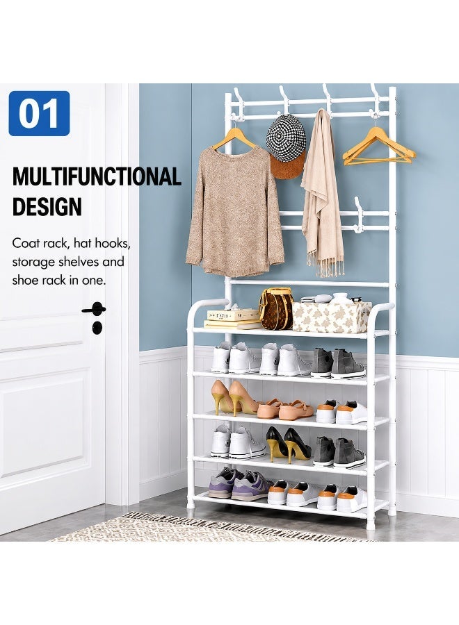 EXCLIFE Shoe Rack Stand Entryway Hall Tree 5-Tier Shoe Storage Organizer Shelf with 8 Hanger Hooks for Clothes Hat Scarf Umbrella Bag Hanging - Image 2