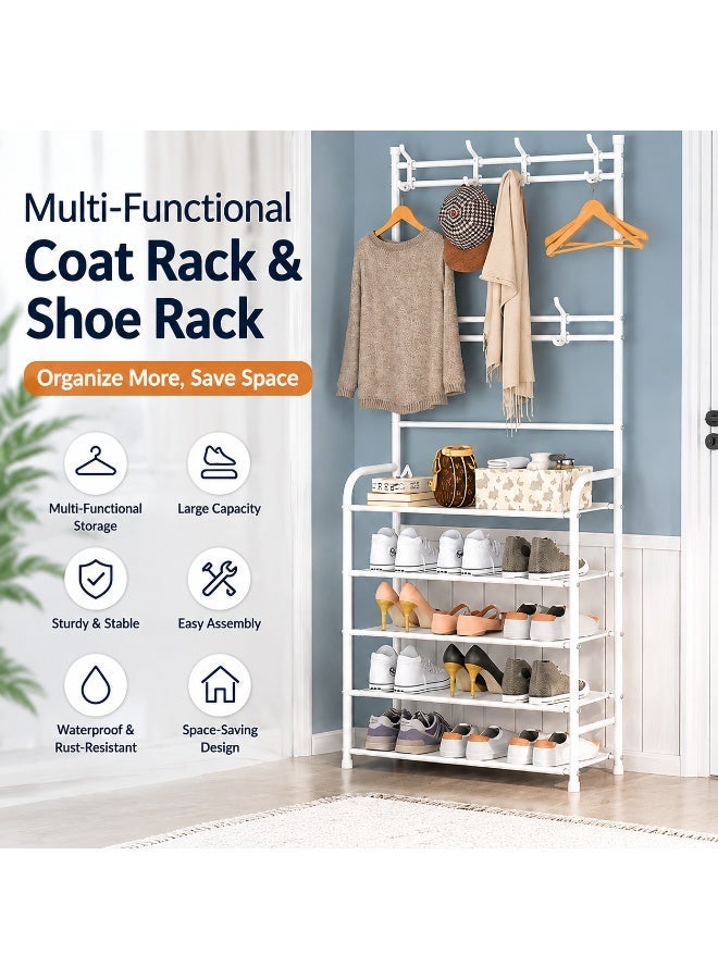 EXCLIFE Shoe Rack Stand Entryway Hall Tree 5-Tier Shoe Storage Organizer Shelf with 8 Hanger Hooks for Clothes Hat Scarf Umbrella Bag Hanging - Image 1