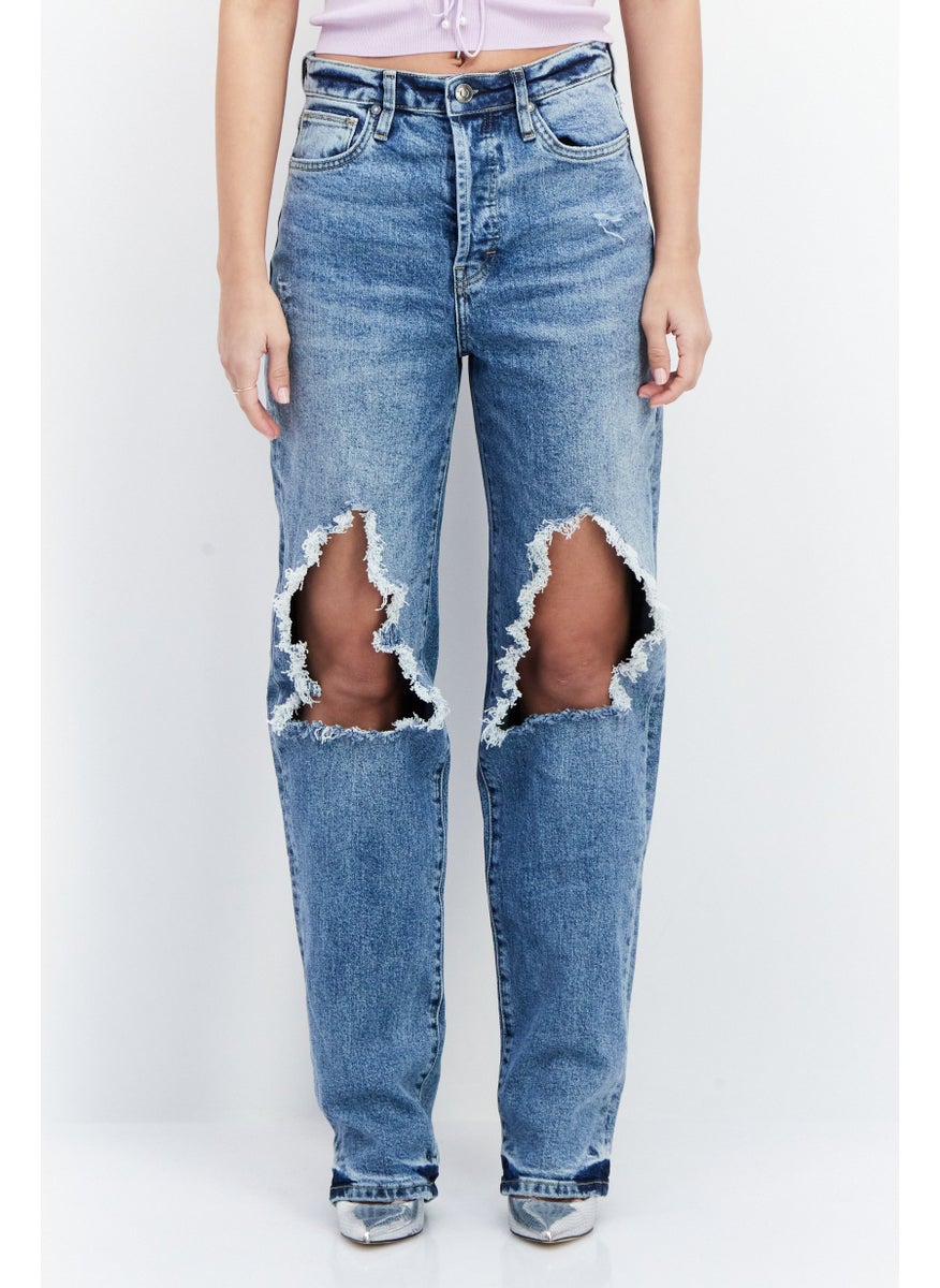 Earnest Sewn Women Regular Fit High Waist Rip Denim, Blue  - Image 1