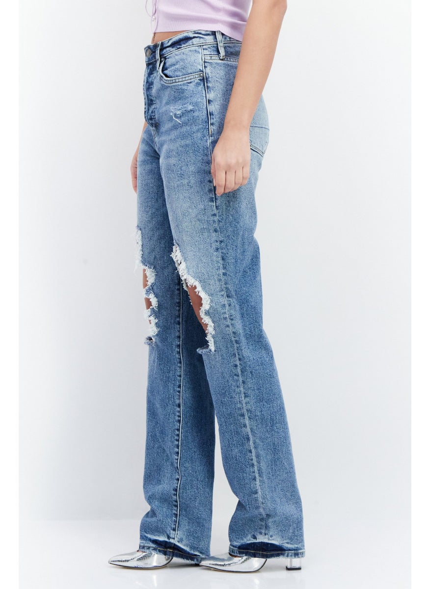 Earnest Sewn Women Regular Fit High Waist Rip Denim, Blue  - Image 4