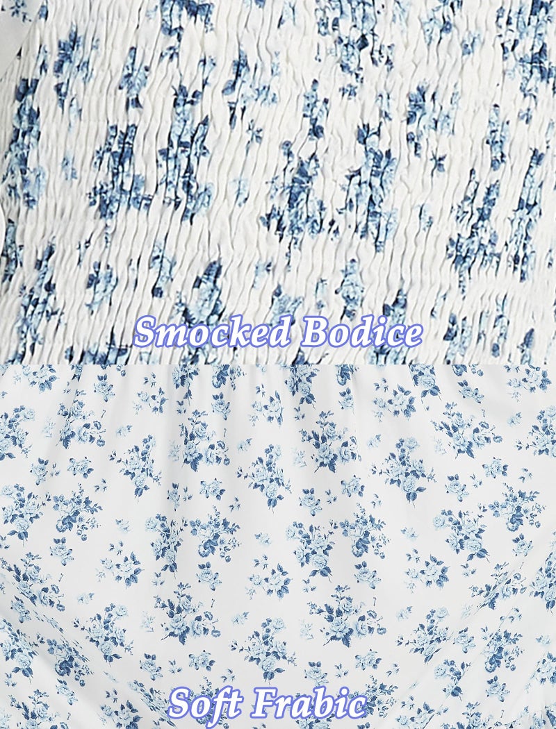 EXARUS Girls Maxi Long Flower Print Dress Smocked A-Line Teen Dresses Square Neck Short Puff Sleeve Spring Easter Tea Party Casual Elegant Floral Blue 7Y - Image 3