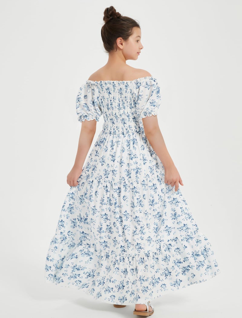 EXARUS Girls Maxi Long Flower Print Dress Smocked A-Line Teen Dresses Square Neck Short Puff Sleeve Spring Easter Tea Party Casual Elegant Floral Blue 7Y - Image 4