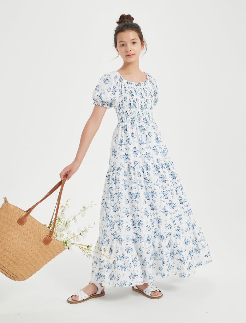 EXARUS Girls Maxi Long Flower Print Dress Smocked A-Line Teen Dresses Square Neck Short Puff Sleeve Spring Easter Tea Party Casual Elegant Floral Blue 7Y - Image 2