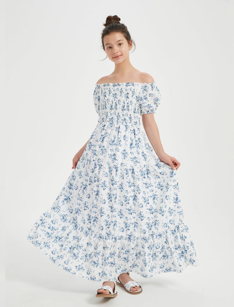EXARUS Girls Maxi Long Flower Print Dress Smocked A-Line Teen Dresses Square Neck Short Puff Sleeve Spring Easter Tea Party Casual Elegant Floral Blue 7Y - Image 5